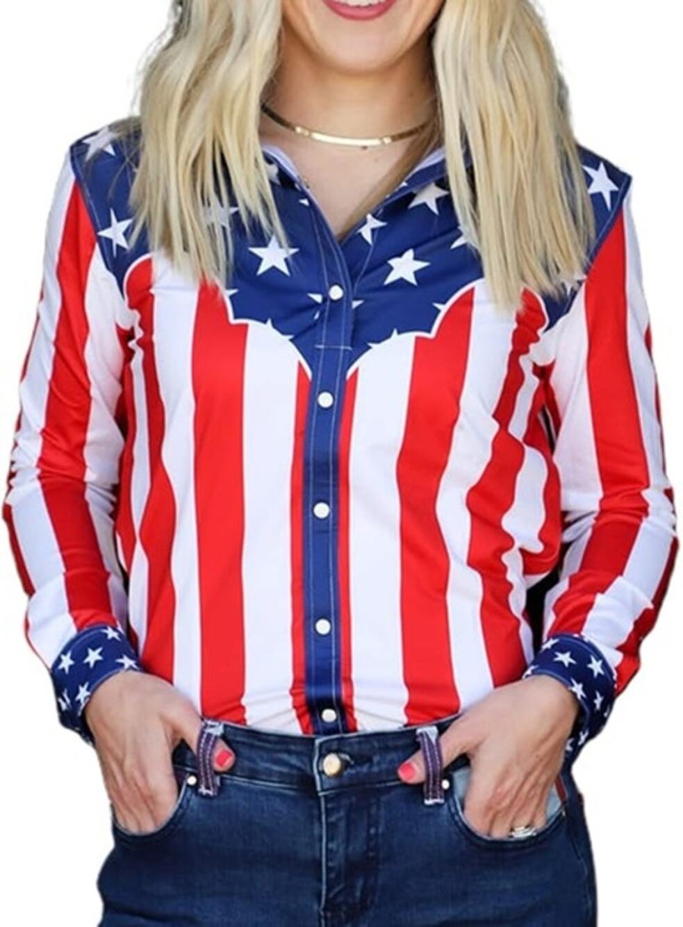 NWT Ranch Dress'n Womans Stars & Stripes Western Button Up Rodeo Shirt Medium